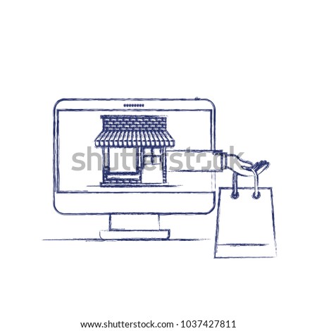 desktop computer front view with online store and shopping bag in screen in dark blue blurred silhouette