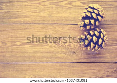 Two pine cones on a wooden table. Christmas Mystery. Copy space.
