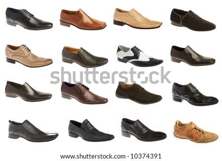 Sixteen man's shoes on a white background
