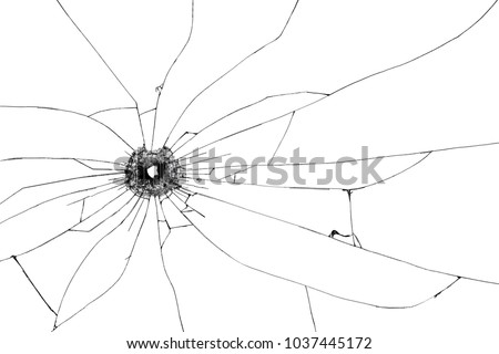 Bullet hole broken glass on white isolated background.