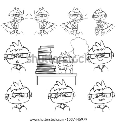 set of boy face, emotions little boy sit at school, dreams behind a pile of books, monochrome drawing hand paint, little dreamer, superhero