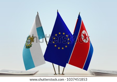 Flags of San Marino European Union and North Korea