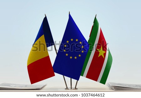 Flags of Romania European Union and Suriname