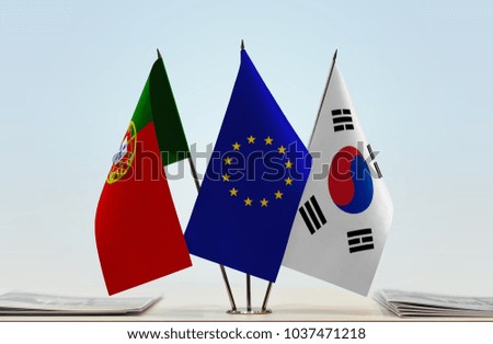 Flags of Portugal European Union and South Korea
