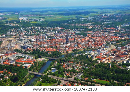Aerial view of Ulm Minster, Danube river  and Ulm city, south germany on a sunny summer day