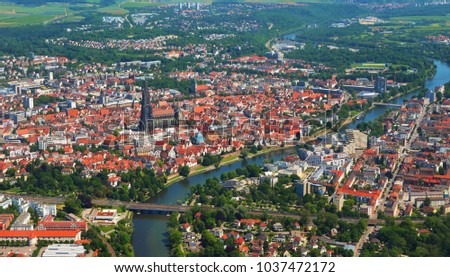 Aerial view of Ulm Minster, Danube river  and Ulm city, south germany on a sunny summer day