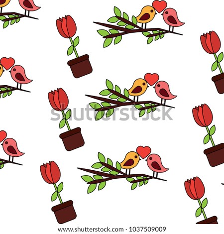 valentines day bird branch and potted flower decoration pattern