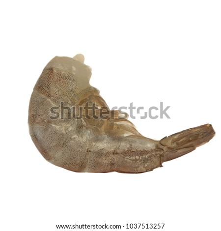 Single Raw King Size Shrimp (Penaeidae Shrimps) Laying Together Isolated On White Background, Top View, Close Up