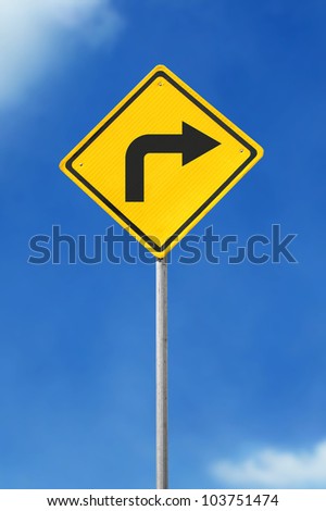 turn right yellow road sign on sky background Royalty-Free Stock Photo #103751474