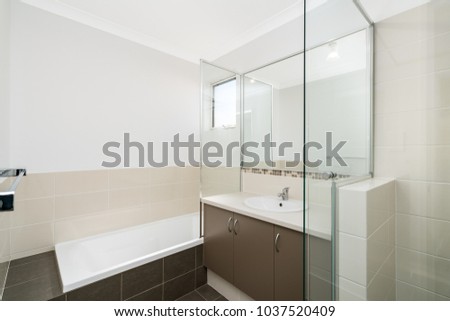 Interior of modern Australian bathroom with minimal Scandinavian interior design.