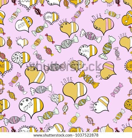 Repeating texture. Pattern for wrapping. Neutral, yellow and white seamless heart pattern. Vector illustration. Typography lettering poster. Valentines Day.