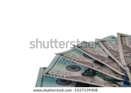 Background of currency note US dollars, close up on white background, isolated.