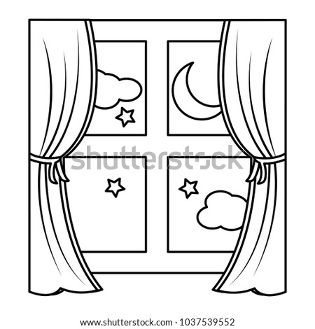 wooden window frame with curtain and night moon stars vector illustration outline design