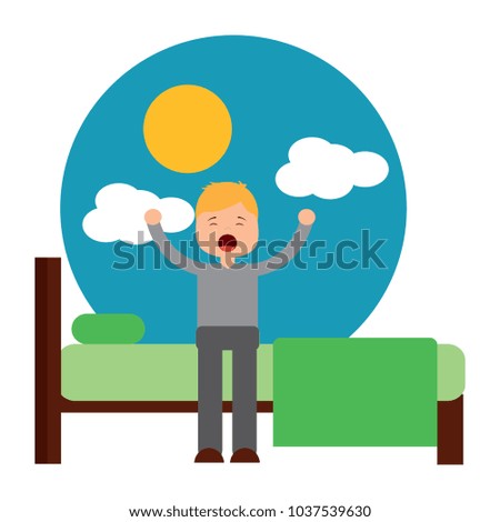 young man waking up sitting on bed vector illustration