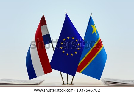 Flags of Netherlands European Union and Democratic Republic of the Congo (DRC, DROC, Congo-Kinshasa)