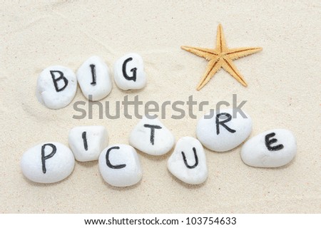 Big picture words on group of stones with sand background