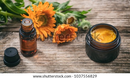 Calendula products. Essential oil and ointment on a wooden table, fresh blooming calendula background,