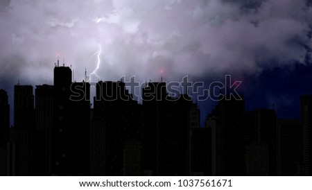 Violent thunderstorm breaks over megalopolis at night, lightning bolt, weather