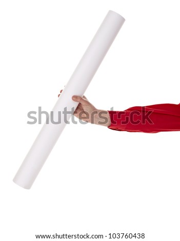man in shirt holding a blank sign on white background with clipping path