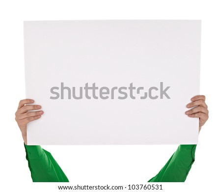 man in shirt holding a blank sign on white background with clipping path