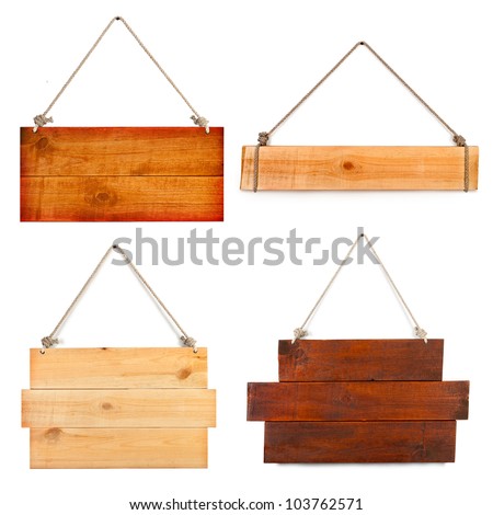 wood sign board collection with rope isolated on white