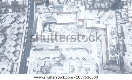 Top down aerial drone image of South London, England during a rare snow storm, March 2018