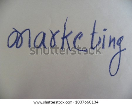 Text marketing hand written by dark blue oil pastel on white color paper