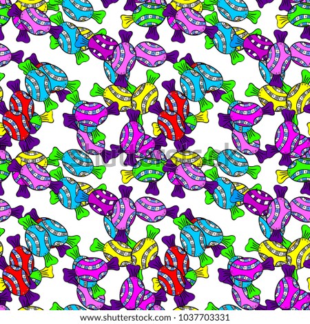Colorful, retro hand illustrated Halloween treats on a white, black and blue background. Quirky, abstract hand drawn seamless candy pattern.
