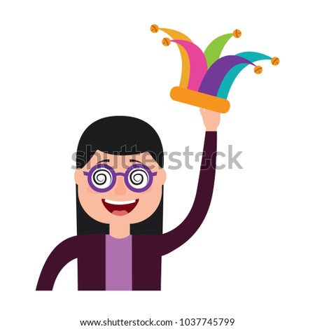 funny smile woman with silly glasses and jester hat