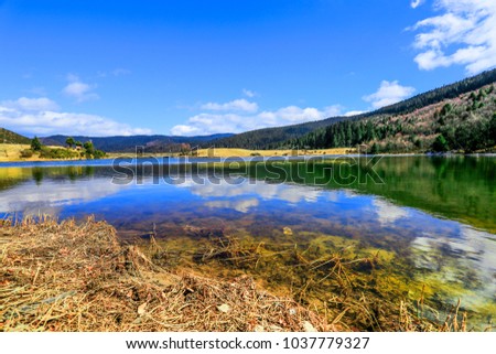 Mountain, forest, lake, meadow and blue sky in clear weather, this is Pudacuo National Forest Park in Yunnan Province, China