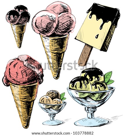 Ice cream colorful collection. Hand drawing sketch vector illustration