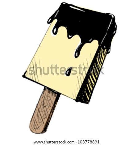 Chocolate ice cream dessert on wooden stick isolated on white background. Hand drawing sketch vector illustration