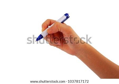 gestures of hand Asian woman is hold pen for writing isolated on white background