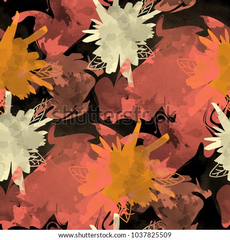 Seamless pattern modern design. Mixed background with abstract flowers, leaves and watercolor effect. Textile print for bed linen, jacket, package design, fabric and fashion concepts.