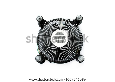 Cooler processor fan with cable and radiator, top view, isolated on white backgroun