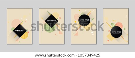 Edged memphis cover collection pattern with white, green, pink and orange geometrical shapes on beige yellow background. First page cover set. Memphis style illustration for advertisement purpose.