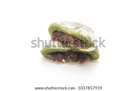 green tea mochi with red bean isolated on white background