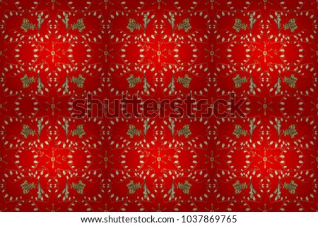 Antique golden repeatable wallpaper. Golden element on red and yellow colors. Damask seamless pattern repeating background. Golden floral ornament in baroque style.
