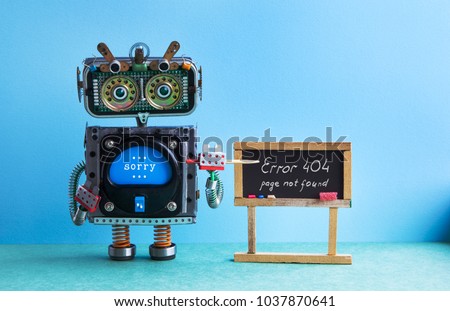 404 error page not found. Robot teacher with pointer, black chalkboard handwritten error message. Green blue background classroom interior