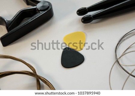 Set of equipment things required for rock band on light background