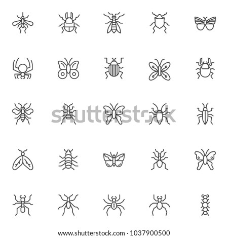 Spring insects and bugs outline icons set. linear style symbols collection, line signs pack. vector graphics. Set includes icons as mosquito, butterfly, bed bug, moth, caterpillar