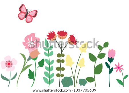 Colorful fresh spring flower and butterflies on white background.