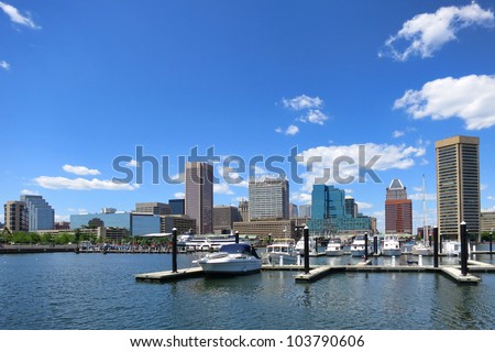 Baltimore Maryland downtown business district skyline scenic cityscape panoramic with pleasure boats in port marina at Inner Harbor over blue sky