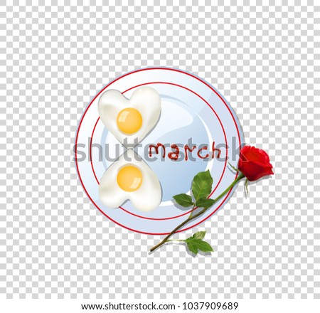 Happy women's day vector illustration, clip art with number eight shaped heart omelette on plate with ketchup lettering and red rose flower isolated on transparent background. Food idea for 8 march