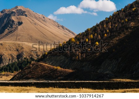 Magic enchanting nature, high mountains and hills covered with trees under the blue sky