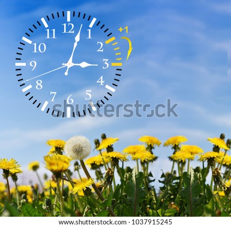 Daylight Saving Time. DST. Wall Clock going to winter time. Turn time forward. Abstract photo of changing time at spring. Royalty-Free Stock Photo #1037915245
