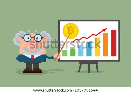 Professor Or Scientist Cartoon Character With Pointer Discussing Bitcoin Growth With A Bar Graph. Vector Illustration Flat Design With Background