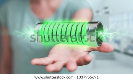 Businessman on blurred background using green battery with lightnings 3D rendering