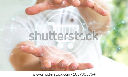 Businessman on blurred background using digital shopping icons with connections 3D rendering