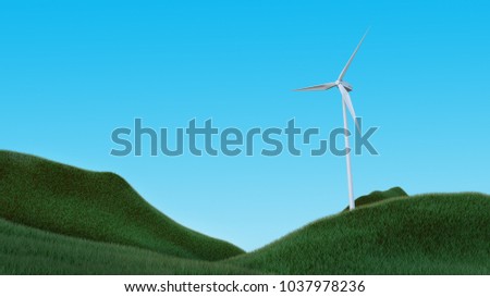 Wind turbines. Grass and sky. 3d illustration